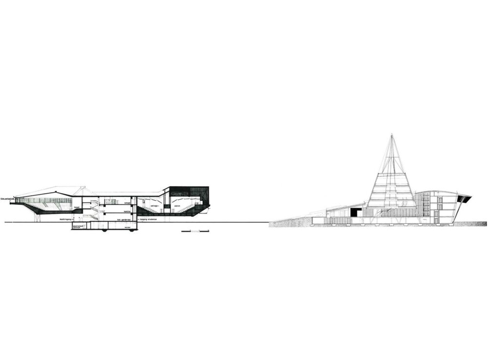 Urban composition of the Aula, and the library, 1995, made up of two original drawings by Van den Broek en Bakema and Mecanoo.