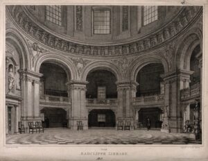 Oxford: the Radcliffe Camera, the interior of the library. Line engraving by J. Selton after C. Wild. by Charles Wild - Wellcome Collection, United Kingdom - CC BY. https://www.europeana.eu/en/item/9200579/qymt4h4g