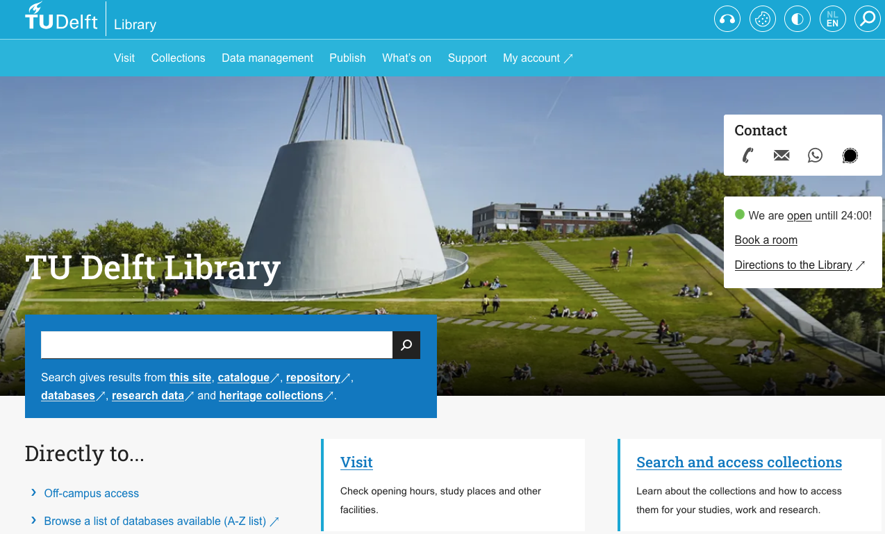Screenshot of new TU Delft Library website