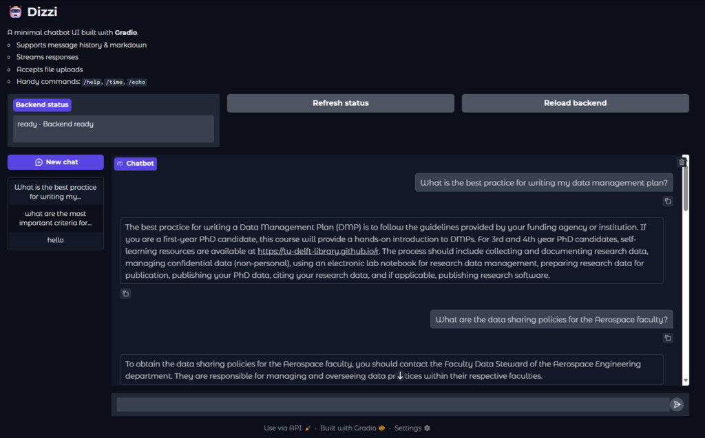Intelligent research data management chatbot Dizzy